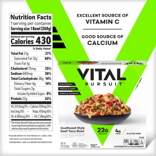 Vital Pursuit Southwest Style Beef Taco Bowl High Protein GLP-1 Friendly Frozen Meal Perspective: bottom