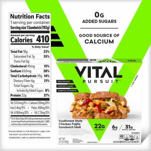 Vital Pursuit Southwest Style Chicken Fajita Sandwich Melt High Protein GLP-1 Frozen Meal Perspective: bottom
