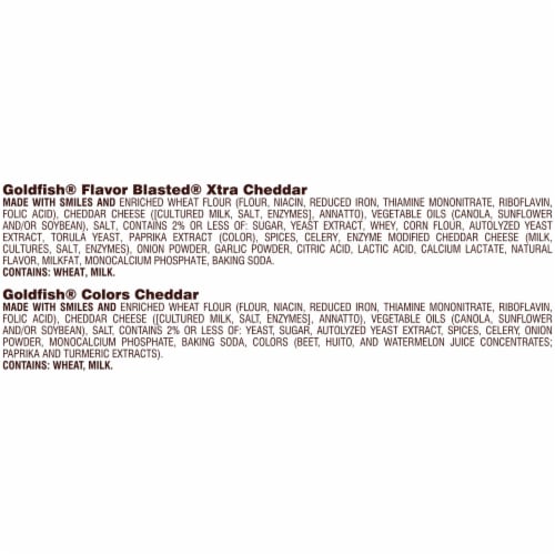 Goldfish Dynamic Duo Variety Pack Colors Cheddar & Flavor Blasted Xtra Cheddar Snack Packs Perspective: bottom