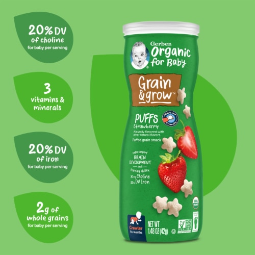 Gerber Baby Snacks Organic Puffs Strawberry Baby Food Perspective: bottom