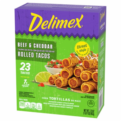 Delimex Beef & Cheddar Corn Rolled Tacos Frozen Snacks Perspective: bottom