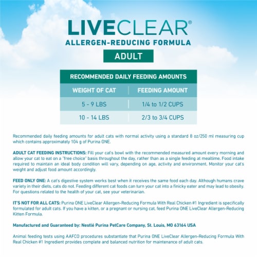 Purina ONE LiveClear Allergen-Reducing Adult Dry Cat Food Dry Formula Real Chicken Perspective: bottom