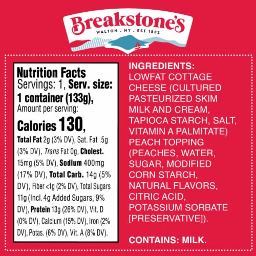 Breakstone's Cottage Doubles Lowfat Cottage Cheese & Peach Topping with 2% Milkfat, 4.7 oz Cup Perspective: bottom