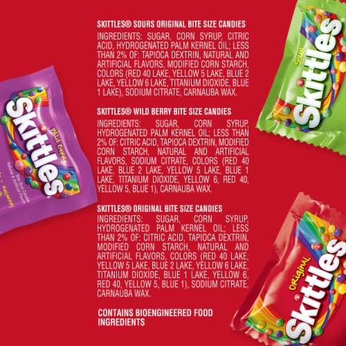 Skittles Original Wild Berry & Sour Fun Size Chewy Candy Variety Pack Party Size Bag Perspective: bottom