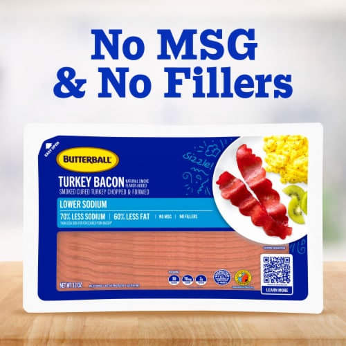 Butterball Turkey Bacon, Lower Sodium, Smoke-Cured, Chopped and Formed, 12 oz Perspective: bottom