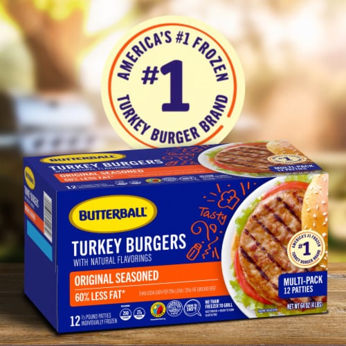 Butterball Frozen Turkey Burgers, Original Seasoned, 1/3 lb Patties, 12 Count/4 lbs Perspective: bottom