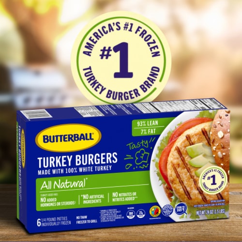Butterball Frozen Turkey Burgers, All Natural White, 1/4 lb Patties, 6 Count/ 1.5 lbs Perspective: bottom