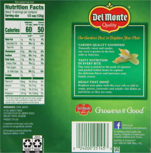 Del Monte® No Salt Added Fresh Cut Golden Sweet Whole Kernel Corn Perspective: bottom