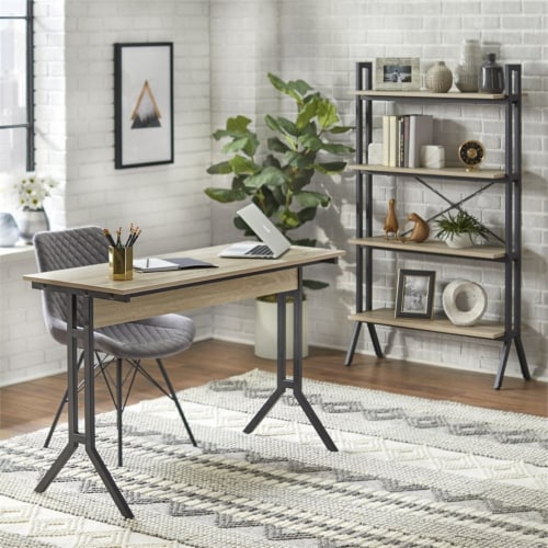 TMS Connection 4-Tier Contemporary Metal Bookshelf in Walnut/Black Perspective: bottom