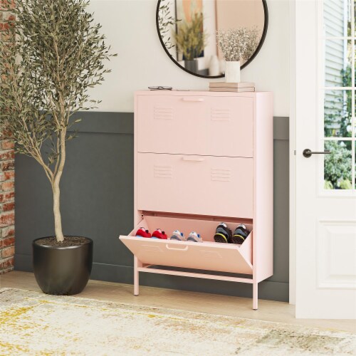 RealRooms Shadwick 3 Door Locker Style Metal Shoe Storage Cabinet Pale Pink 10.24 x 31.50 x 49.02 Metro Market