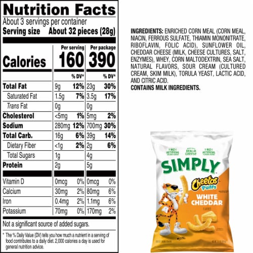 Cheetos Simply Puffs Cheese Flavored Snacks White Cheddar Flavored 2 1/2 Oz Perspective: bottom