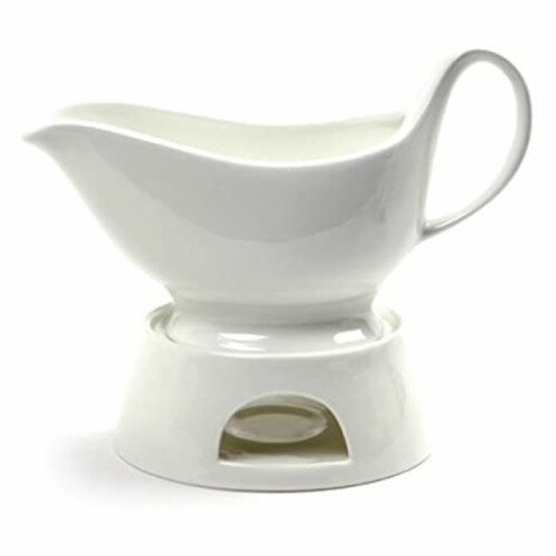Norpro Porcelain Gravy Sauce Serving Boat with Stay Warm Candle Heated Stand - White Perspective: bottom