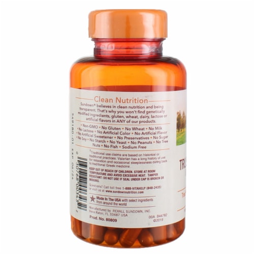 Sundown Clean Nutrition True Tranquility Valerian Root Capsules, 530 mg, 100 Ct Perspective: bottom