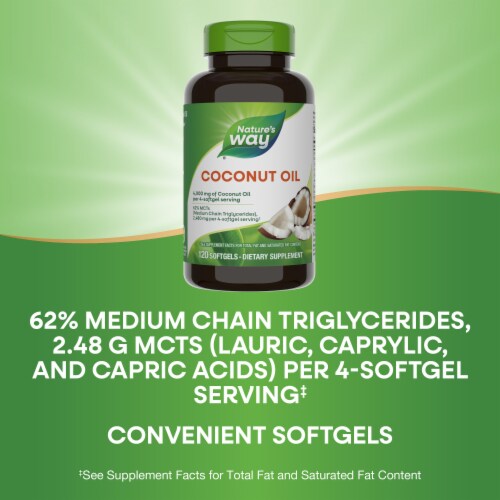 Nature's Way Coconut Oil 62% MCTs Hexane Free Softgels 2.48 g MCTs Per 4 Softgel Serving Perspective: bottom