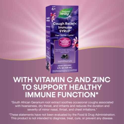 Nature’s Way Cough Relief + Immune South African Geranium with Elderberry Vitamin C and Zinc Syrup Perspective: bottom