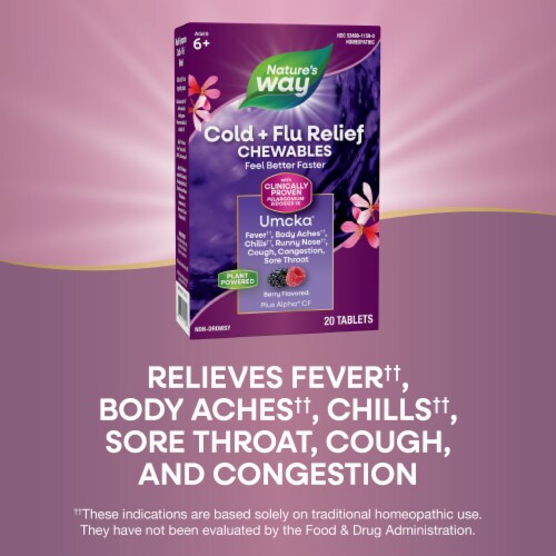 Nature's Way Cold + Flu Relief Umcka Multi Symptom Relief Berry Flavored Chewables Perspective: bottom