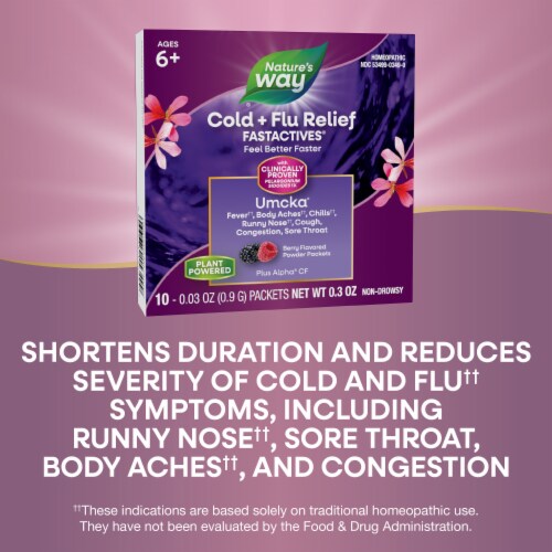Nature's Way Cold + Flu Relief FastActives Umcka Multi Action Berry Flavored Powder Packets Perspective: bottom