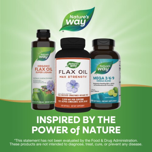 Nature’s Way Flax Oil Max Strength With ALA Cold Pressed Softgels 2600 mg Per 2 Softgel Serving Perspective: bottom