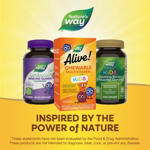 Nature's Way Alive! Kids 2+ Chewable Multivitamin Vitamins C D3 Orange and Berry Flavored Tablets Perspective: bottom