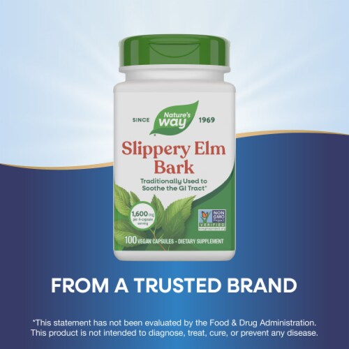 Nature's Way Slippery Elm Bark Traditionally Soothes GI Tract 1600 mg Per 4 Capsule Serving Perspective: bottom