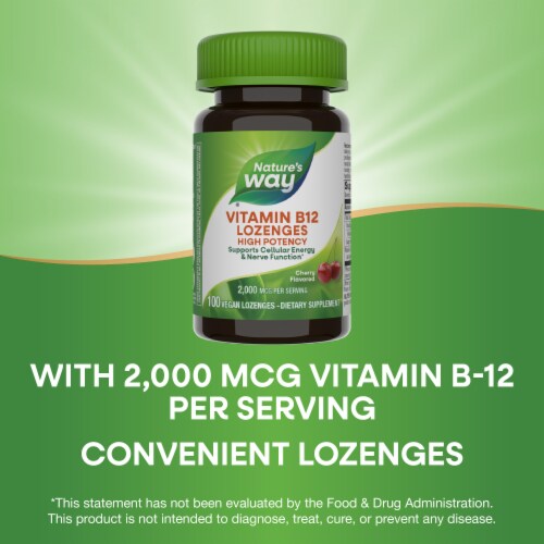 Nature’s Way Vitamin B-12 Vegan Cherry Flavored Lozenges 2,000 mcg Vitamin B12 per Lozenge Perspective: bottom