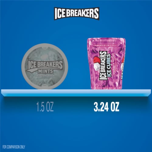 ICE BREAKERS Ice Cubes Raspberry Sorbet Flavored Sugar Free Chewing Gum Bottle Perspective: bottom