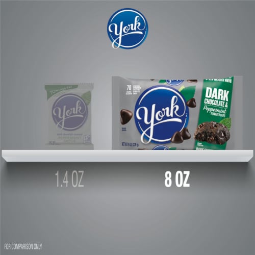 YORK Dark Chocolate and Peppermint Flavored Baking Chips Bag Perspective: bottom