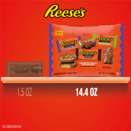 REESE'S Assorted Milk Chocolate Snack Size Peanut Butter Shapes Halloween Candy Jumbo Bag Perspective: bottom