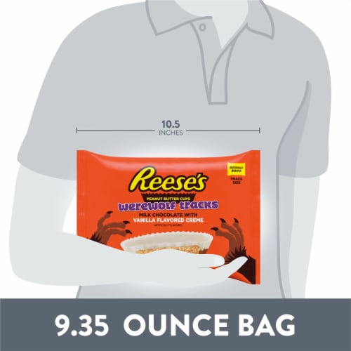REESE'S Milk Chocolate and Vanilla Flavored Creme Snack Size Peanut Butter Cups Halloween Candy Bag Perspective: bottom