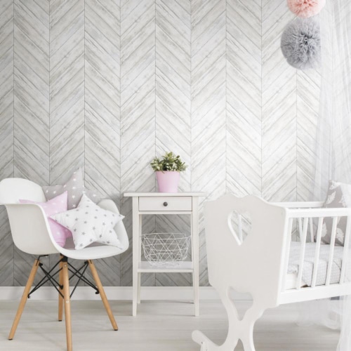 RoomMates Decor Modern Herringbone Wood Boards Look Peel & Stick Wallpaper - White Perspective: bottom