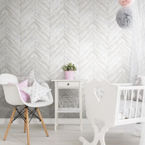 RoomMates Decor Modern Herringbone Wood Boards Look Peel & Stick Wallpaper - White Perspective: bottom