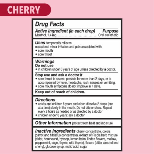 Ricola Oral Anasthetic Throat Drops and Sore Throat Relief Cherry Menthol Perspective: bottom