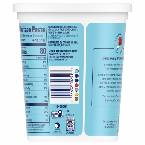 Dannon Nonfat Non-Gmo Project Verified Plain Yogurt Tub Perspective: bottom