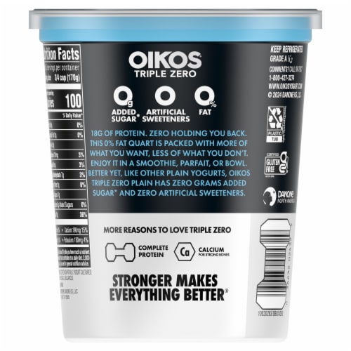 Oikos Triple Zero Plain 18g Protein 0g Added Sugar Greek Nonfat Yogurt Perspective: bottom