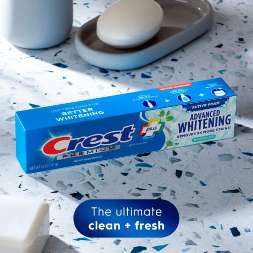 Crest Clean Mint Flavor Premium Plus Advanced Whitening Toothpaste Perspective: bottom