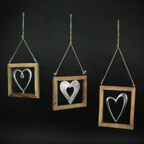 Set of 3 Wood Framed Open Work Metal Heart Wall Hangings W/ Rope Hangers Perspective: bottom