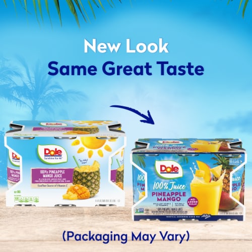 Dole 100% Pineapple Mango Juice 6 - 6oz Cans Perspective: bottom
