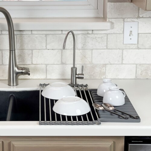 Grand Fusion Over Sink Roll-Up Dish Drying Rack with Silicone Drip Tray, Gray Perspective: bottom