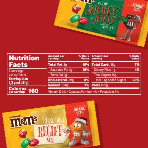 M&M'S Peanut Chocolate Christmas Candy Share Size Pack Perspective: bottom