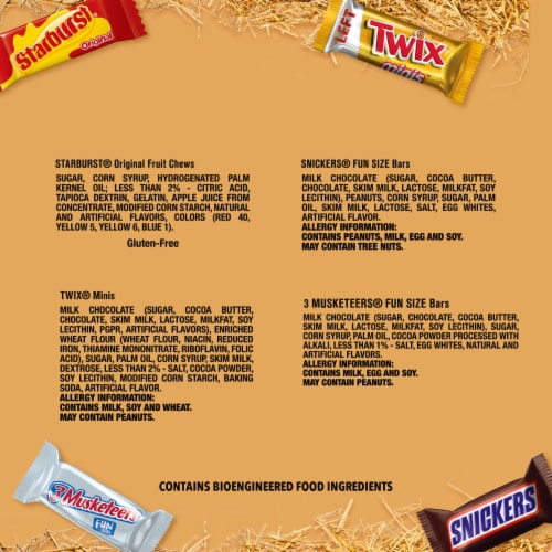 Snickers & Starburst & Twix & 3 Musketeers Share Size Halloween Candy Assortment Perspective: bottom