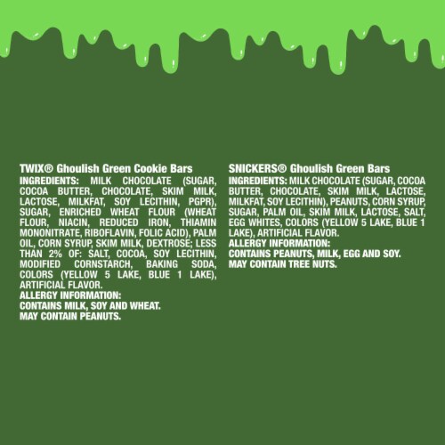 Snickers & Twix Ghoulish Green Chocolate Halloween Candy Bars Bulk Bag Perspective: bottom