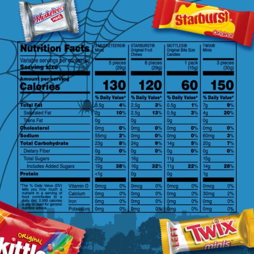 Skittles Twix Starburst 3 Musketeers Halloween Candy Variety Bulk Bag Perspective: bottom