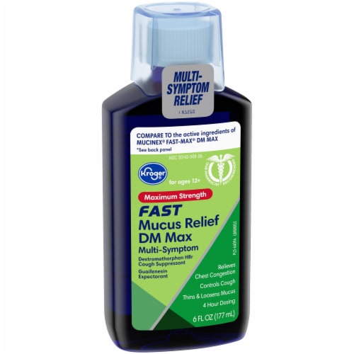 Kroger® Maximum Strength Fast Mucus Relief DM Max Cough Suppressant Liquid Medicine Perspective: bottom