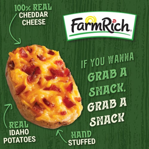 Farm Rich Hand Stuffed Cheddar Cheese and Bacon Loaded Potato Skins Perspective: bottom