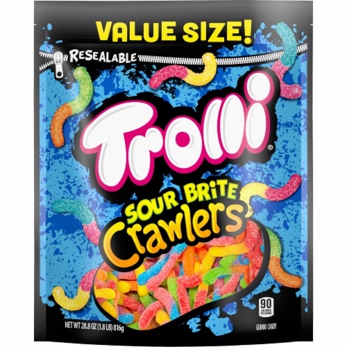 Trolli Sour Brite Crawlers Sweet and Sour Gummy Worm Candy Bag Perspective: bottom