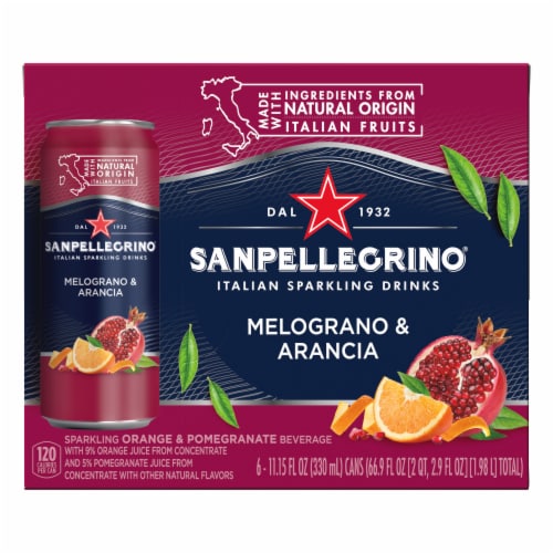 San Pellegrino Melagrano and Arancia Flavored Sparkling Water Cans with Italian Fruit Juice Perspective: bottom