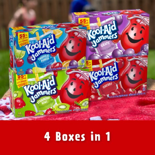 Kool-Aid Jammers Cherry, Grape, Tropical Punch & Strawberry Kiwi Drink Variety Pack, Box, Pouches Perspective: bottom