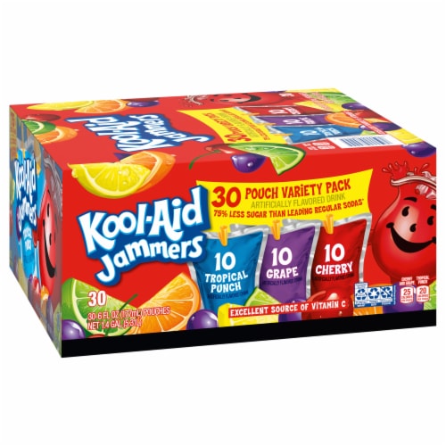 Kool Aid Jammers Variety Pack with Tropical Punch Grape & Cherry Kids Drink 0% Juice Box Pouches Perspective: bottom