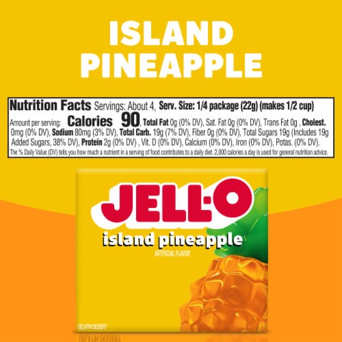 Jell-O Island Pineapple Artificially Flavored Gelatin Dessert Mix, Box Perspective: bottom