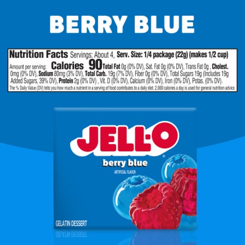 Jell-O Berry Blue Artificially Flavored Gelatin Dessert Mix, Box Perspective: bottom